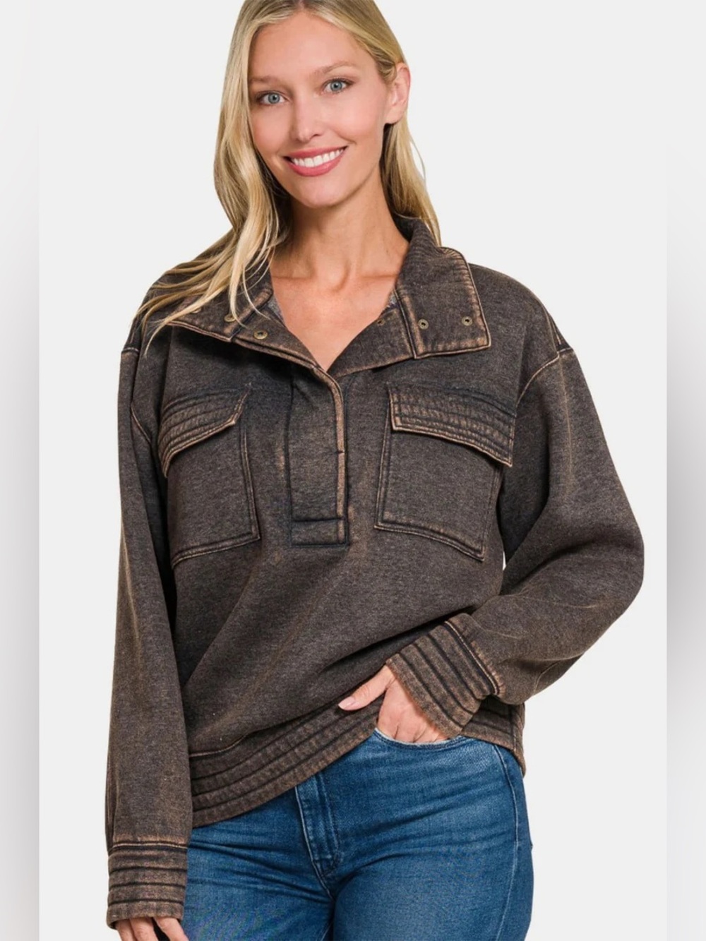 Zenana Outfitters | Acid Washed Charcoal Utility Pullover Fleece Sz M